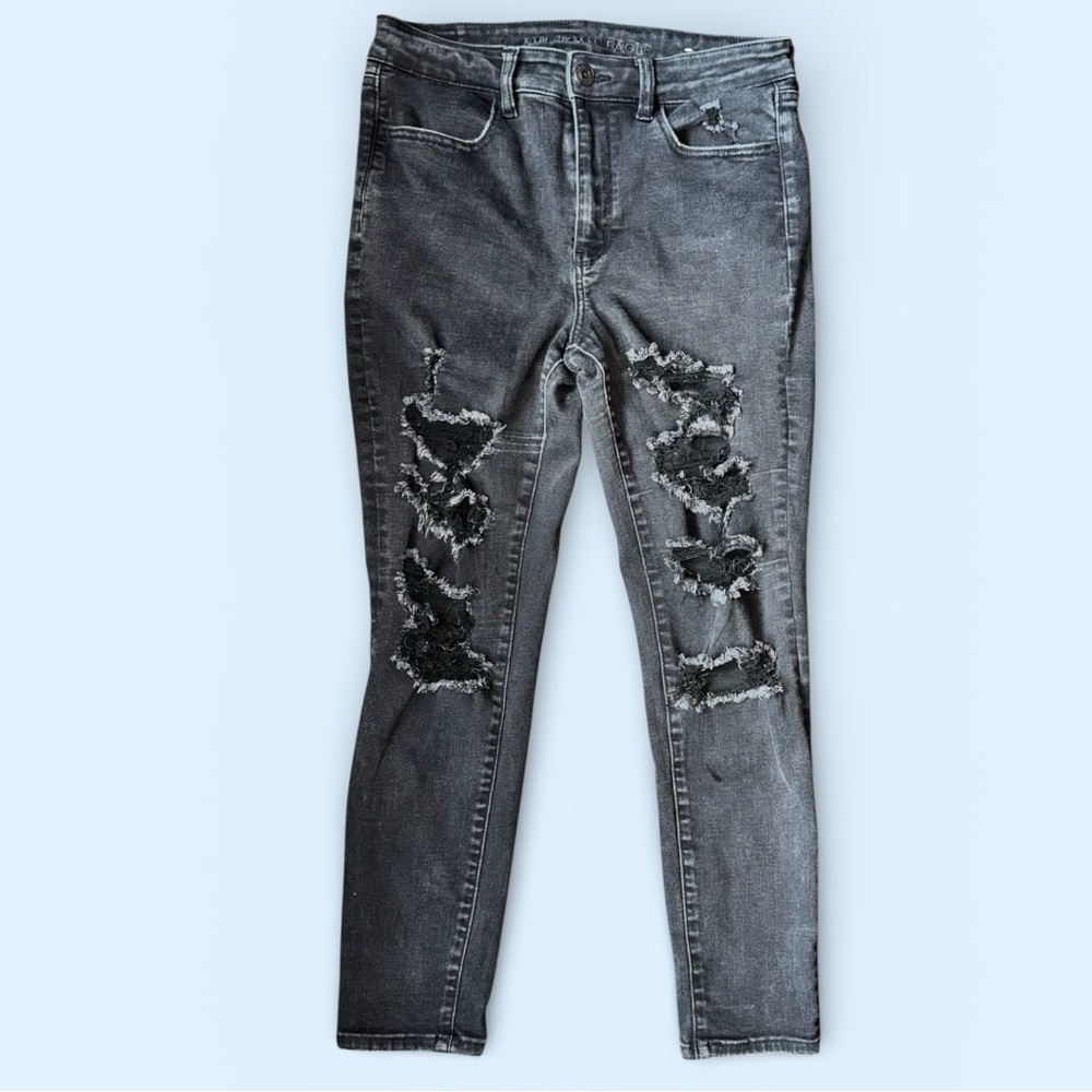 Distressed Black Washed Skinny Jeans size 12 short American Eagle